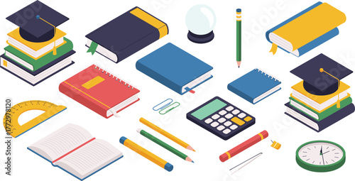 Isometric education and learning icons, books pencils calculator clock graduation cap academic supplies, flat 3d illustration for school study concept