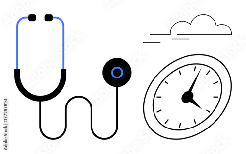 Stethoscope with coiled tubing next to an analog clock and minimal cloud outline. Ideal for healthcare, time management, medical check-ups, diagnosis, wellness, scheduling, and efficiency. A simple
