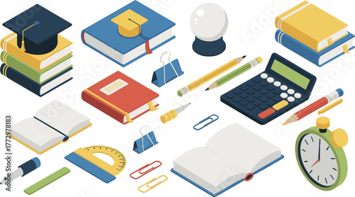 Isometric education and learning icons, books pencils calculator clock graduation cap academic supplies, flat 3d illustration for school study concept