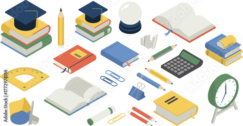 Isometric education and learning icons, books pencils calculator clock graduation cap academic supplies, flat 3d illustration for school study concept