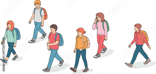 Illustration of students walking with backpacks, casual school outfit, educational lifestyle concept, group of teenagers going to class