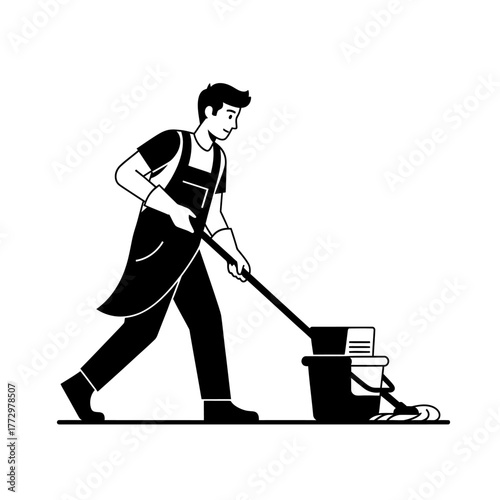 Man cleaning floor with mop and bucket, working.