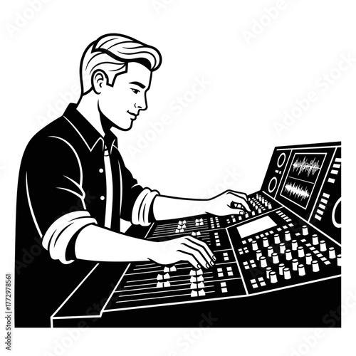 Sound engineer working on audio mixing console in studio.