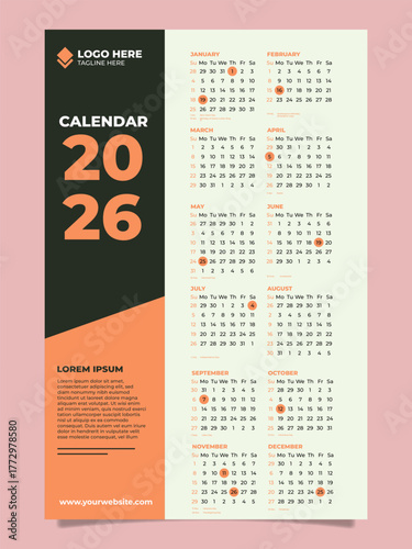 2026 calendar template design vector