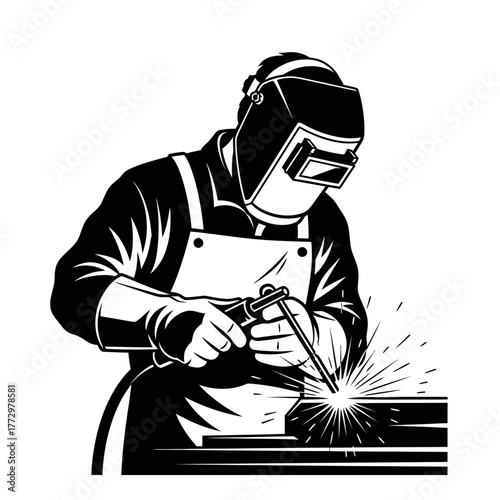 Welder working with welding equipment and sparks.