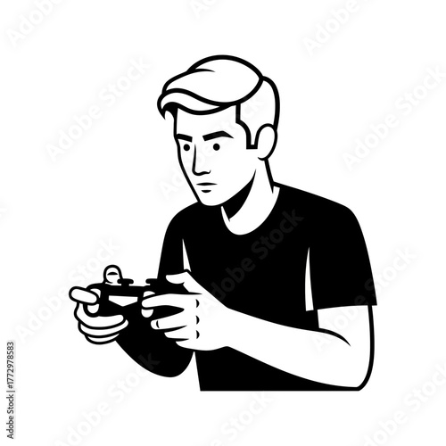 Young Man Engrossed in Playing Video Games with Controller.