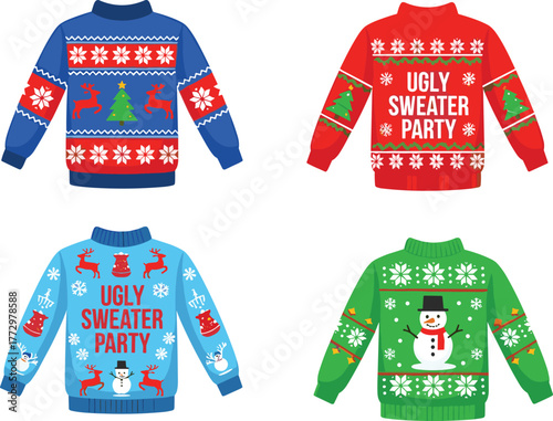 Ugly Christmas sweater collection, festive knitwear illustration, holiday party outfit design, winter fashion vector, colorful seasonal clothing set, cartoon style template