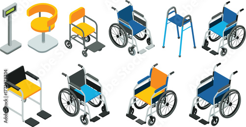Isometric 3D illustration of medical mobility equipment, wheelchairs, walkers, chairs, healthcare tools, hospital and rehabilitation support devices collection