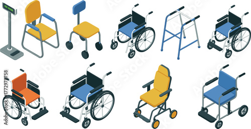 Isometric 3D illustration of medical mobility equipment, wheelchairs, walkers, chairs, healthcare tools, hospital and rehabilitation support devices collection