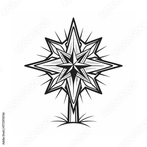 Compass Rose Decorative Illustration with Intricate Design and Sharp Edges