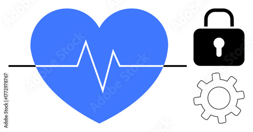 Blue heart with cardiac pulse line, black padlock, and gear. Ideal for health, technology, telemedicine, protection, data security, engineering concepts or simple flat metaphor