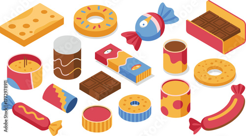 Isometric 3D illustration of assorted snacks and sweets, chocolate bars, candies, cookies, cheese, colorful food packaging, dessert concept design