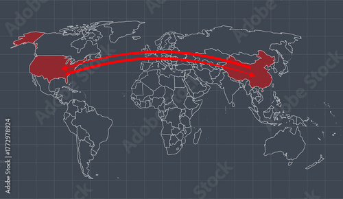 Obraz na plátne A map of the world with China and the United States highlighted in red with arrows