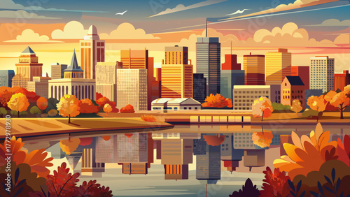 Very beautiful panoramic cityscape of Peoria, Illinois, USA, featuring the downtown skyline reflecting in the Illinois River at autumn sunrise, with warm golden light and colorful foliage.
