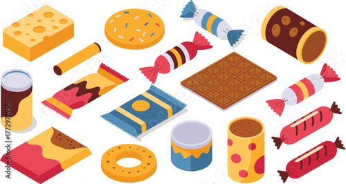 Isometric 3D illustration of assorted snacks and sweets, chocolate bars, candies, cookies, cheese, colorful food packaging, dessert concept design