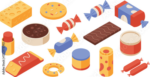Isometric 3D illustration of assorted snacks and sweets, chocolate bars, candies, cookies, cheese, colorful food packaging, dessert concept design