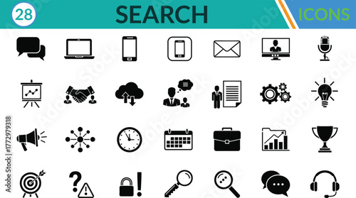 Search and business silhouette icon set. Including Chat Bubble, Laptop, Mobile Phone, Email, Video Call, Microphone, Presentation Chart, Handshake, Cloud, User Chat . Vector silhouette illustration.