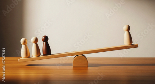 Conceptual Wooden Figures on a Seesaw Showing Imbalance and Inequality A Visual Metaphor for Social Justice, Discrimination, Bias, and Unfair Advantage
