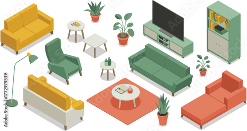 Isometric 3D illustration of modern living room furniture set, colorful sofas, chairs, lamps, tables, plants, interior home decor design