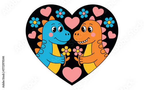 Two cute cartoon dinosaurs sharing flowers within a heart shape, symbolizing love and friendship