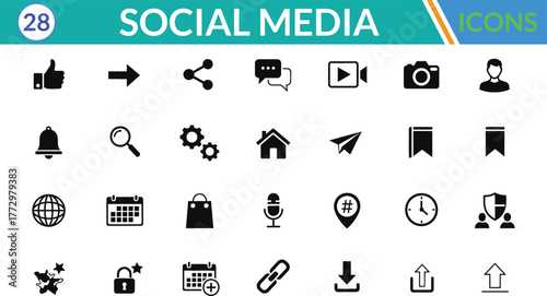 Social Media silhouette icon set. Including Thumbs Up, Arrow, Share, Chat Bubble, Video Camera, Camera, User Profile, Notification Bell, Search Magnifier, Gear . Vector silhouette illustration.