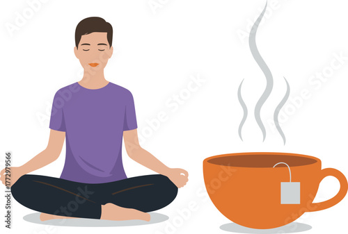 Relaxed man meditating beside steaming cup of tea, calm mindfulness practice, peaceful lifestyle concept, health and relaxation illustration