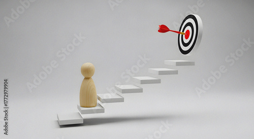 Minimalist 3D Render of a Person on a Staircase Looking Towards a Target and Bullseye, A Conceptual Image Symbolizing Goal Setting, Career Success, and Personal Achievement