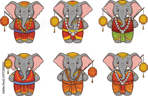 Cute cartoon elephant in traditional Indian attire holding lantern, festive cultural celebration illustration, colorful ethnic costume with floral garlands