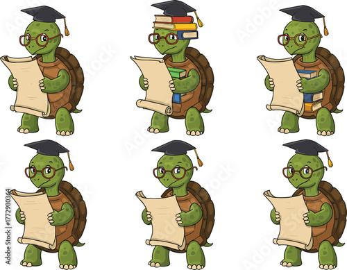 Cute cartoon turtle scholar reading diploma and standing on books, graduation cap and glasses, education illustration on white background