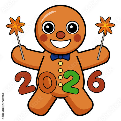 Gingerbread man holding sparklers and celebrating Happy New Year 2026 on white background