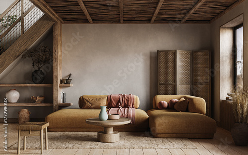 Fototapeta Naklejka Na Ścianę i Meble -  Warm Rustic Living Room Interior with Wooden Ceiling, Ceramic Decor, and Natural Earth Tones, 3d rendering