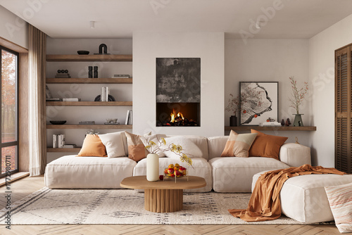 Fototapeta Naklejka Na Ścianę i Meble -  Minimalist living room interior with modern fireplace and white walls. Interior mockup, 3d render	