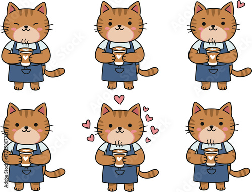 Cute barista cat cartoon character holding coffee cup with different facial expressions, kawaii style adorable illustration on white background