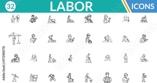 Labor and Construction line icon set. Including Construction worker, Engineer, Crane operator, Miner, Welder, Painter, Gardener, Farmer, Bricklayer, Factory worker . Vector line art illustration.