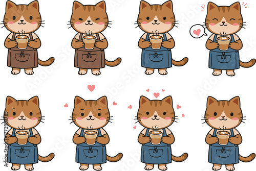 Cute barista cat cartoon character holding coffee cup with different facial expressions, kawaii style adorable illustration on white background