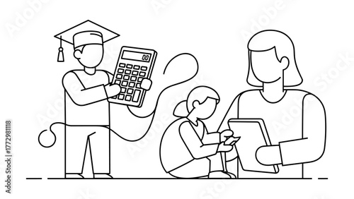 Student calculates education costs while mother and daughter use tablet