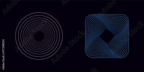 Set of twisted colored spirals. Sacred geometry. Tunnel with lines in the form of a triangle, square and pentagon. Vector geometric fractal element modern
