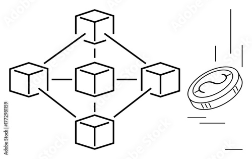 Interconnected cubes symbolizing a blockchain network next to a coin. Ideal for decentralization, digital finance, cryptocurrency, distributed ledgers, fintech, blockchain technology, simple flat