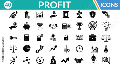 Profit silhouette icon set. Including Growing Chart, Up Arrow, Money Hand, Safe, Growing Plant, Shield with Dollar, Piggy Bank, Diamond Heart, Handshake, Calculator. Vector silhouette illustration.