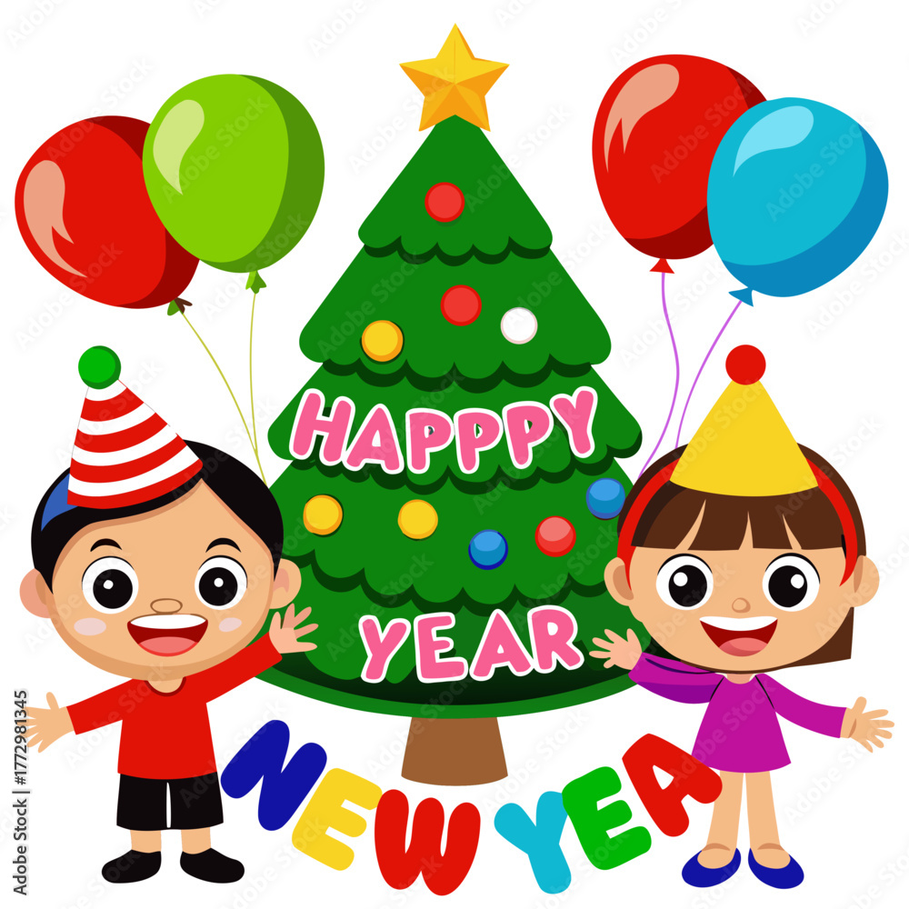 Fototapeta premium Kids celebrating New Year around a Christmas tree with colorful balloons on white background
