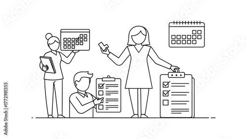 Teamwork and planning, people working with checklist and calendar