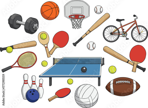 Set of various sports equipment including tennis rackets, basketball hoop, bicycle, baseball bat, table tennis, volleyball, football, and dumbbell