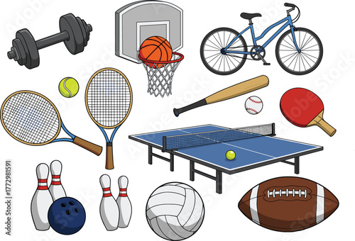 Set of various sports equipment including tennis rackets, basketball hoop, bicycle, baseball bat, table tennis, volleyball, football, and dumbbell