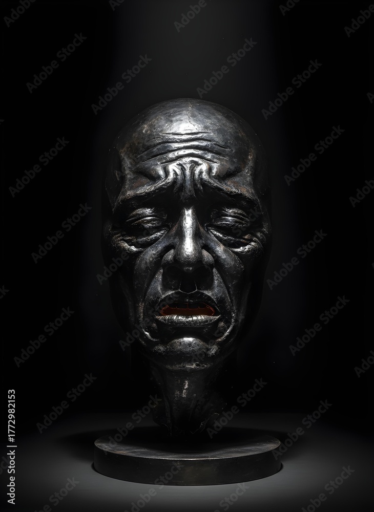 Obraz premium Metallic human face sculpture with distressed expression representing emotional suffering and technological dominance on black background