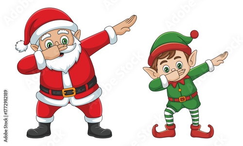 Santa Claus and an elf doing the dab dance move on a white background Christmas holiday