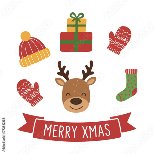 Christmas icons including a reindeer, gifts, and winter clothing with a 'Merry Xmas' banner.