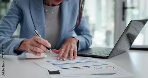 Hands, person and laptop with document in office for accounting, checklist and finance report. Mature woman, paperwork and pc for statement, company expenses and financial numbers of asset management