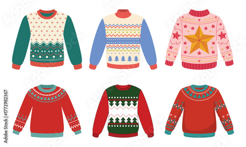 Set of six flat design Christmas sweaters with festive patterns and holiday motifs ugly sweater winter