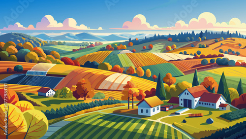 Very beautiful aerial view of the Midwest USA in autumn, showing colorful farmlands, golden fields, and rural countryside landscapes under a crisp blue sky—an enchanting seasonal panorama!