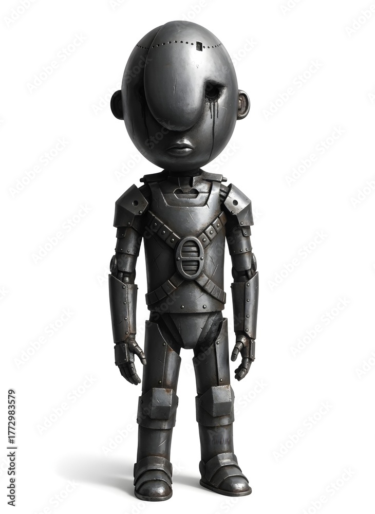 Naklejka premium Emotional metal robot sculpture with tear-shaped detail and simplified cartoon form expressing sadness loneliness and tech vulnerability